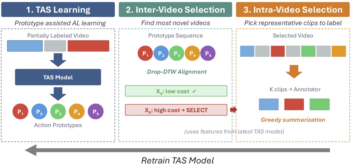 Two-Stage Active Learning for Efficient Temporal Action Segmentation